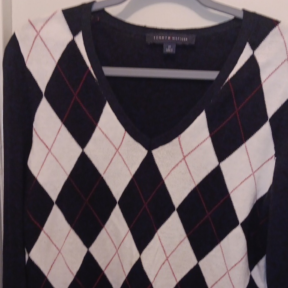Tommy Hilfiger Black and White Argyle V-Neck Sweater